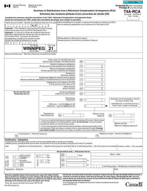 Form T4A-RCA-SUM  Printable Pdf