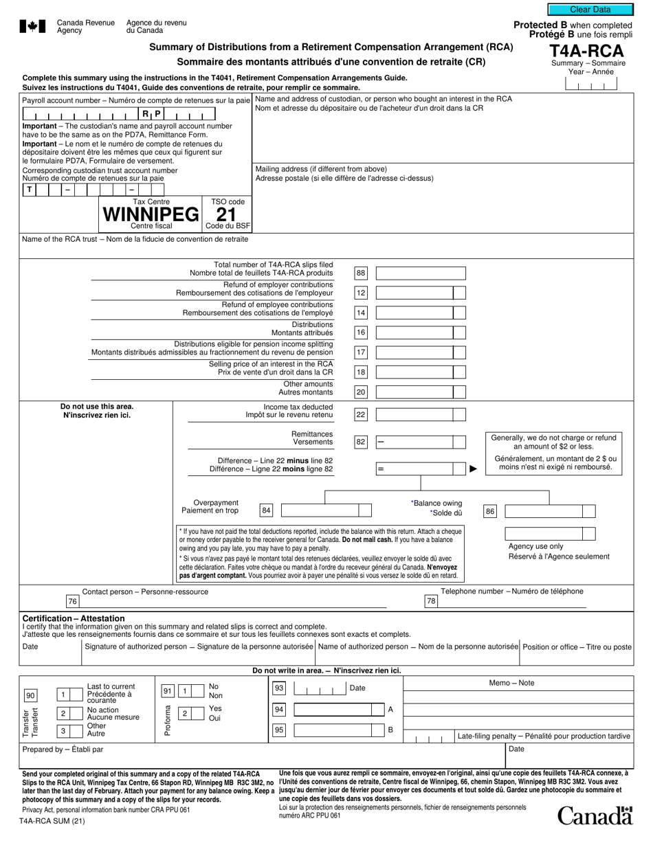 Form T4A-RCA-SUM Summary of Distributions From a Retirement Compensation Arrangement (Rca) - Canada (English / French), Page 1