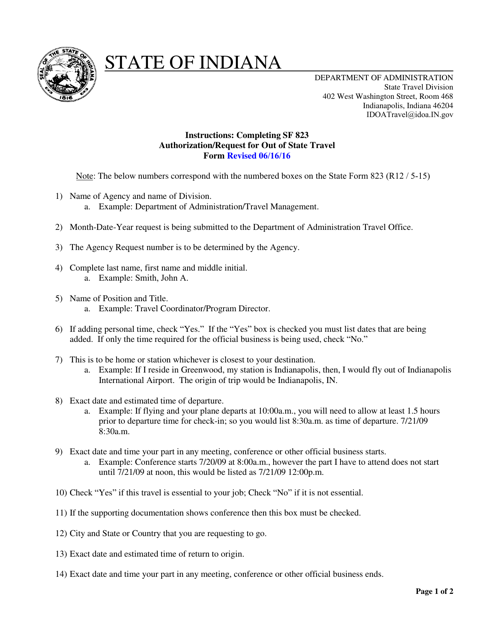 Instructions for State Form 823 Authorization/Request for out of State Travel - Indiana