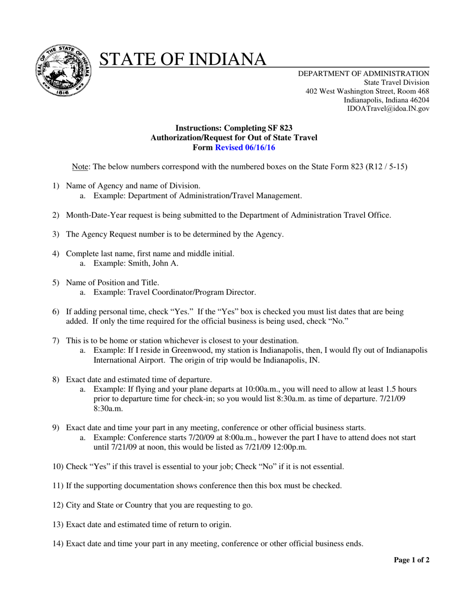 Instructions for State Form 823 Authorization / Request for out of State Travel - Indiana, Page 1