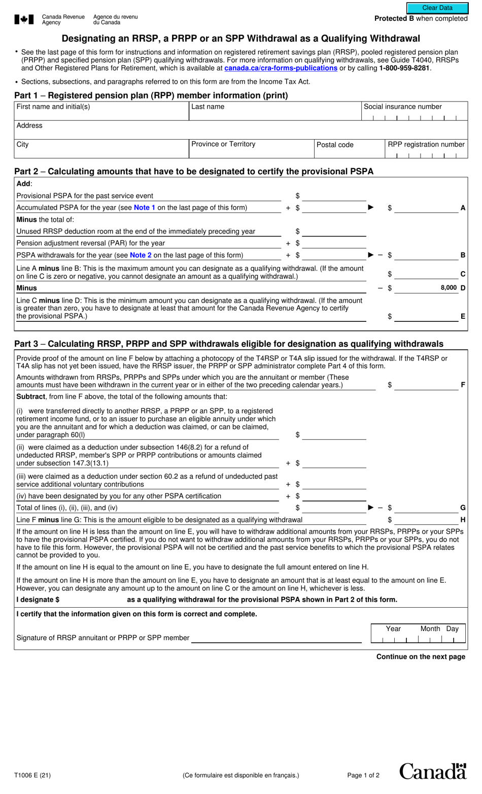 Form T1006 Designating an Rrsp, a Prpp or an Spp Withdrawal as a Qualifying Withdrawal - Canada, Page 1