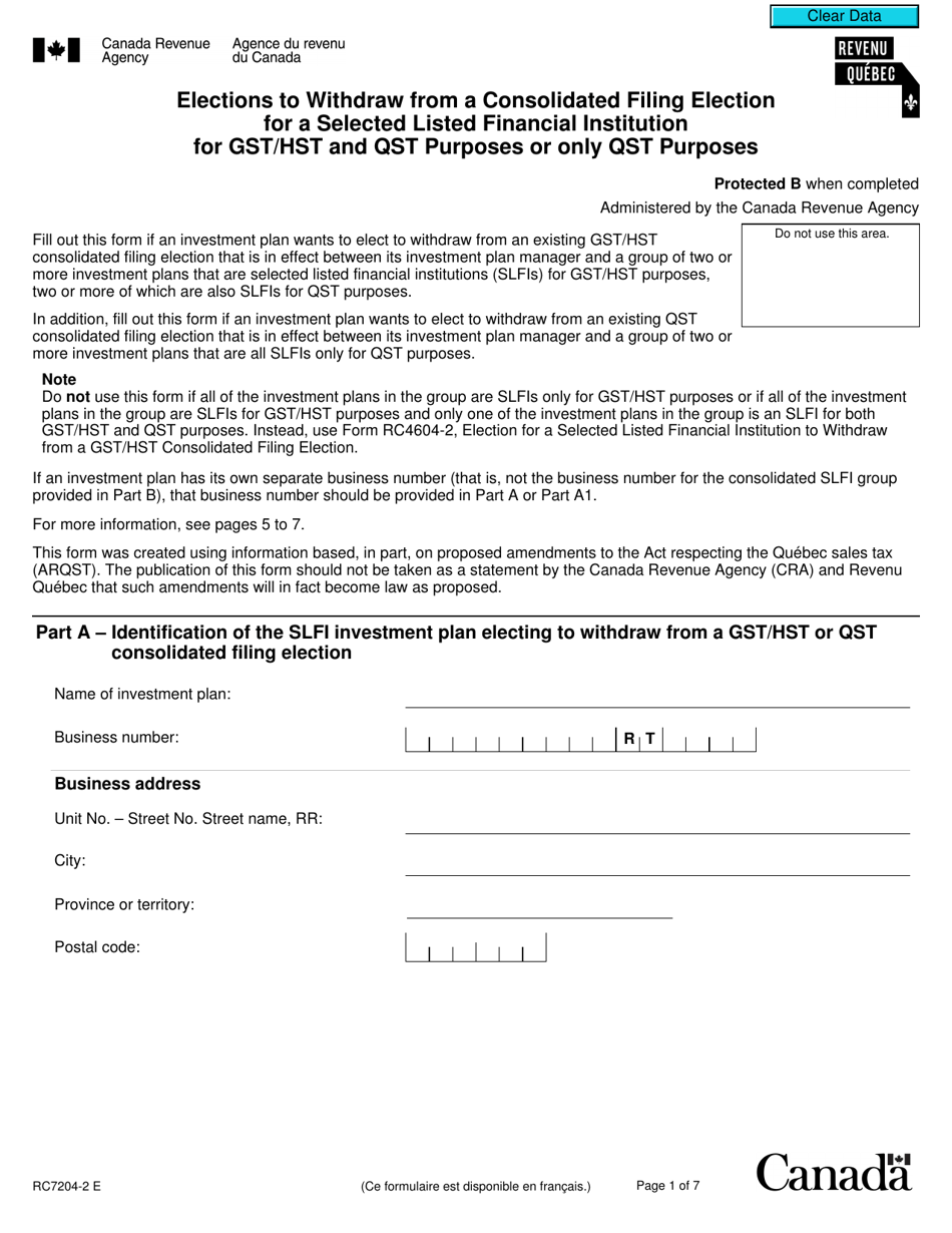 Form RC7204-2 Elections to Withdraw From a Consolidated Filing Election for a Selected Listed Financial Institution for Gst / Hst and Qst Purposes or Only Qst Purposes - Canada, Page 1
