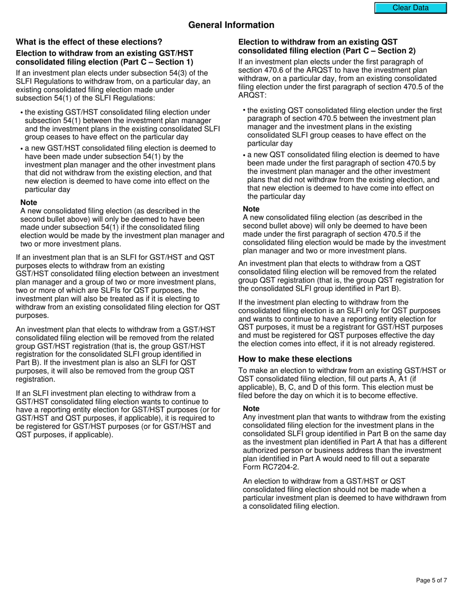 Form RC7204-2 Elections to Withdraw From a Consolidated Filing Election for a Selected Listed Financial Institution for Gst / Hst and Qst Purposes or Only Qst Purposes - Canada, Page 5