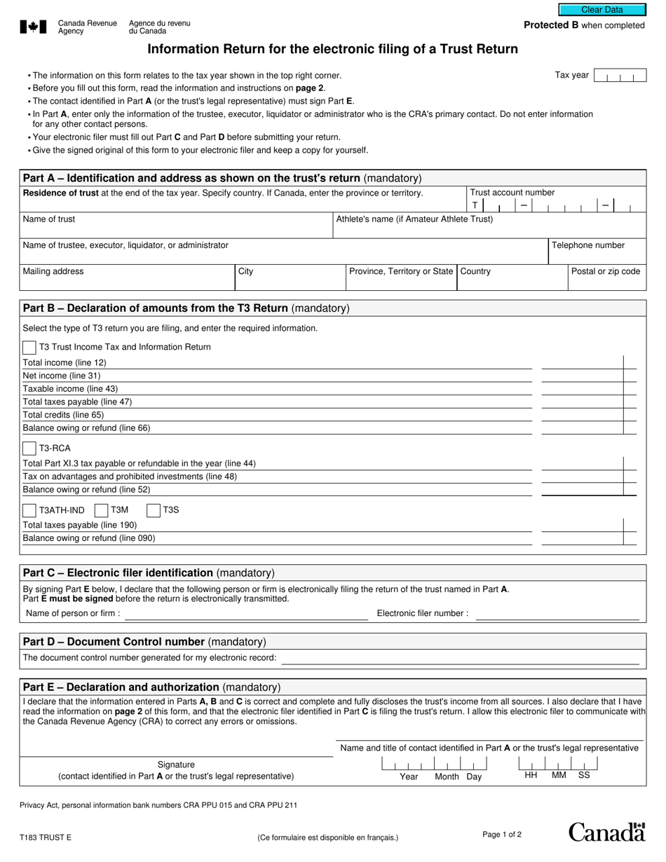 Form T183 TRUST Information Return for the Electronic Filing of a Trust Return - Canada, Page 1