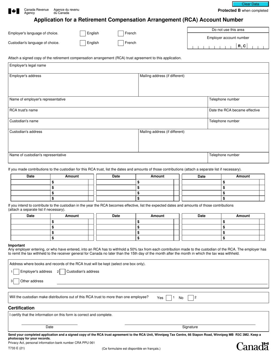 Form T733 Application for a Retirement Compensation Arrangement (Rca) Account Number - Canada, Page 1