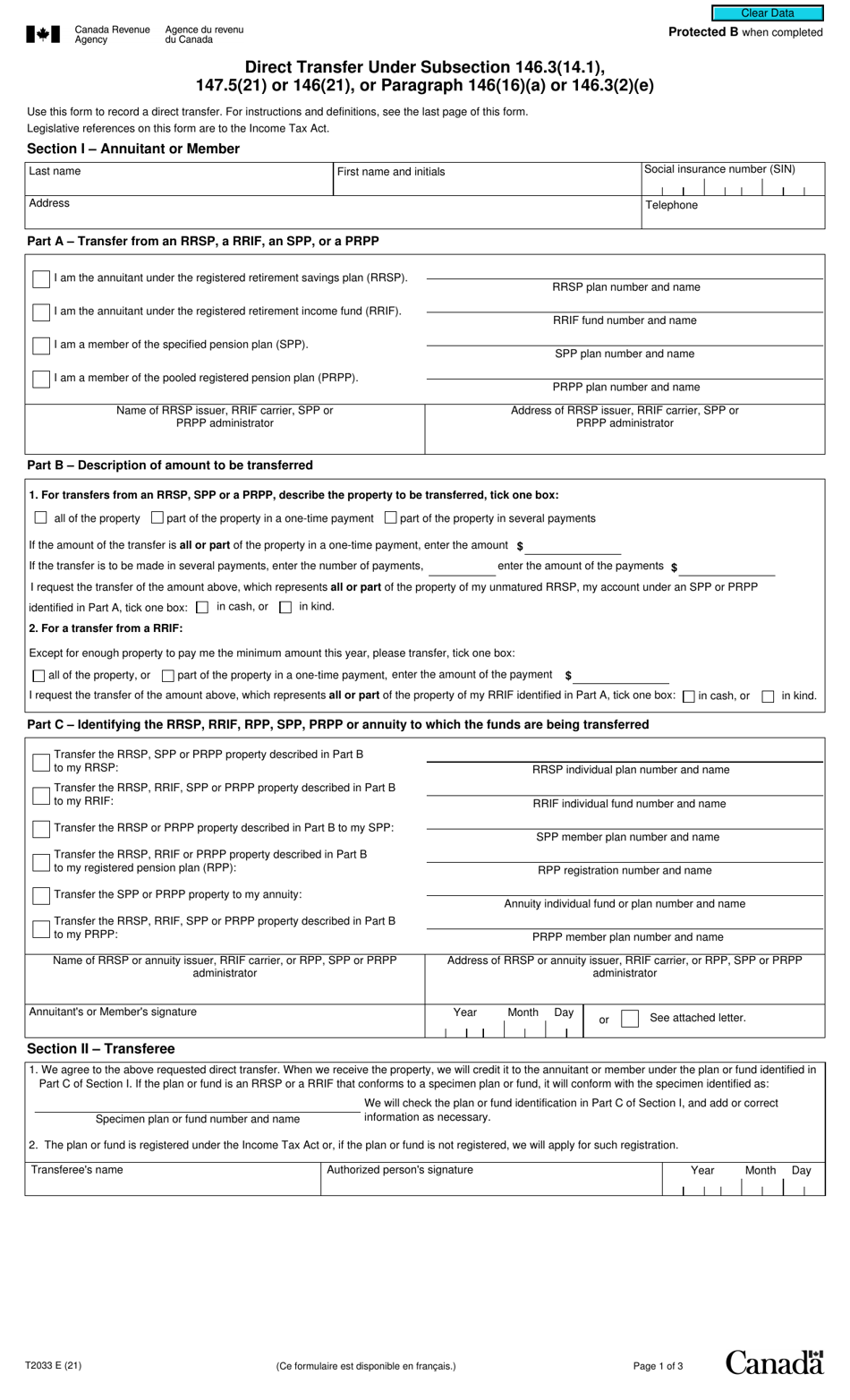 Form T2033 Direct Transfer Under Subsection 146.3(14.1), 147.5(21) or 146(21), or Paragraph 146(16)(A) or 146.3(2)(E) - Canada, Page 1