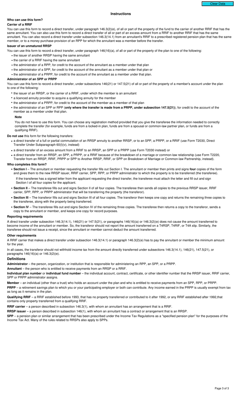 Form T2033 Direct Transfer Under Subsection 146.3(14.1), 147.5(21) or 146(21), or Paragraph 146(16)(A) or 146.3(2)(E) - Canada, Page 3