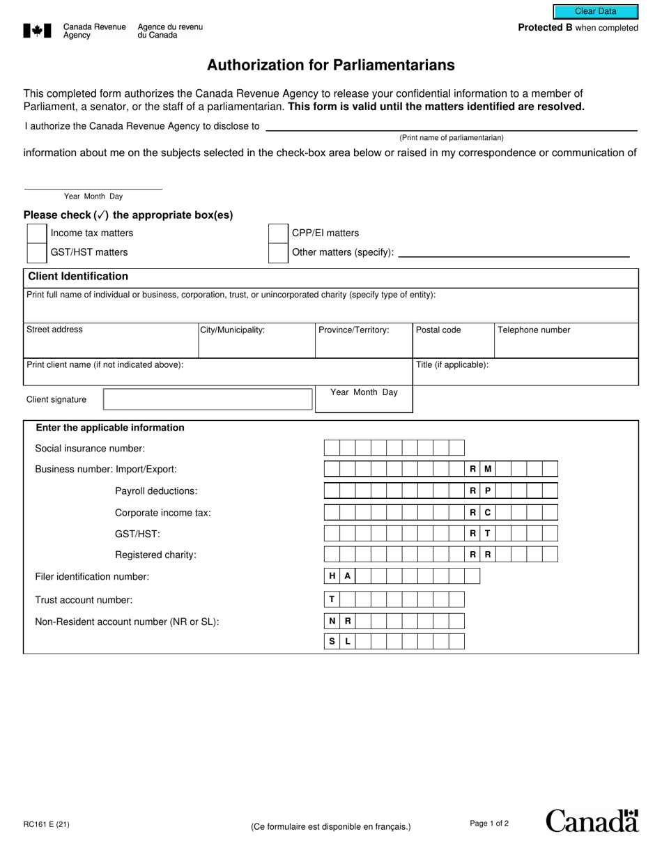 Form RC161 Authorization for Parliamentarians - Canada, Page 1