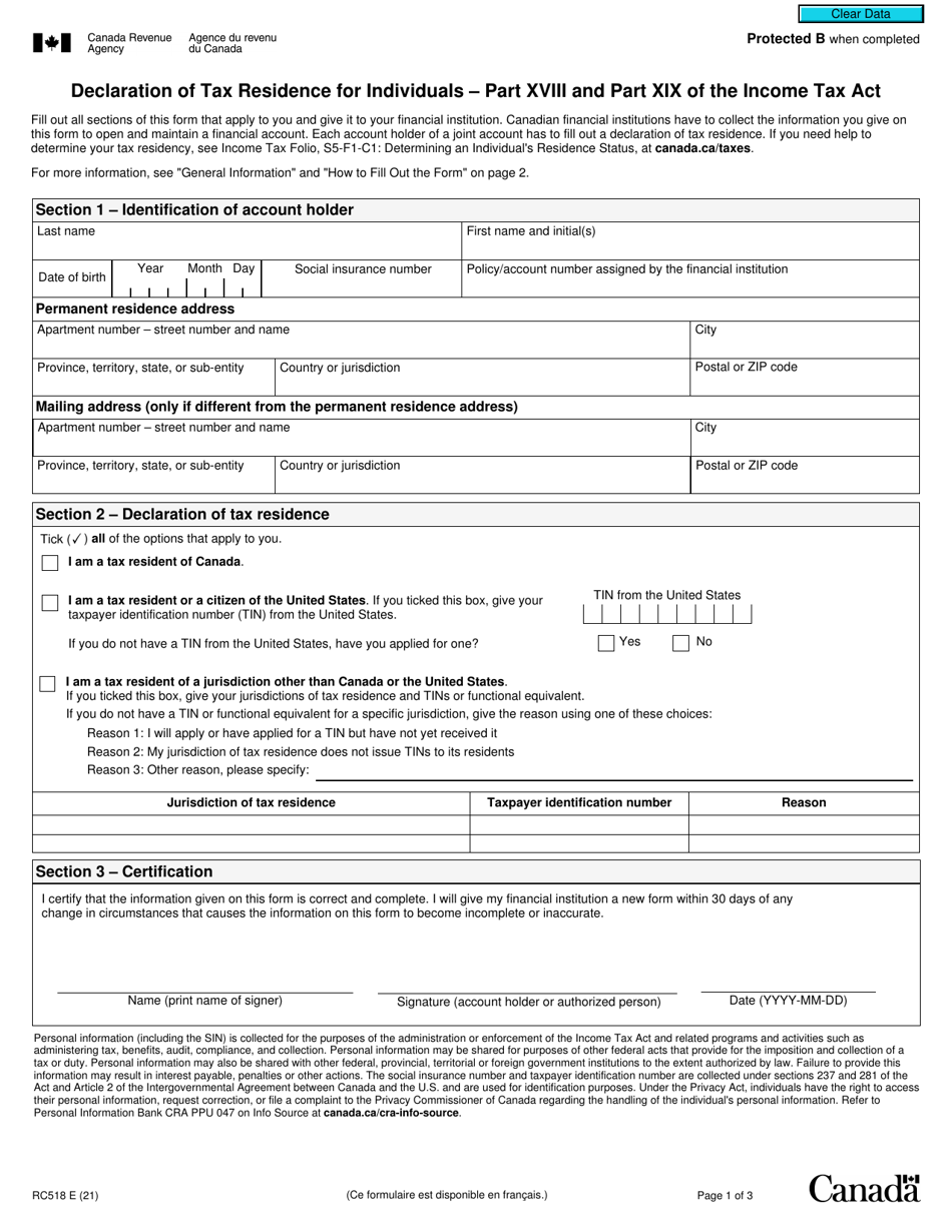 Form RC518 Download Fillable PDF Or Fill Online Declaration Of Tax   Form Rc518 Declaration Of Tax Residence For Individuals Part Xviii And Part Xix Of The Income Tax Act Canada Print Big 