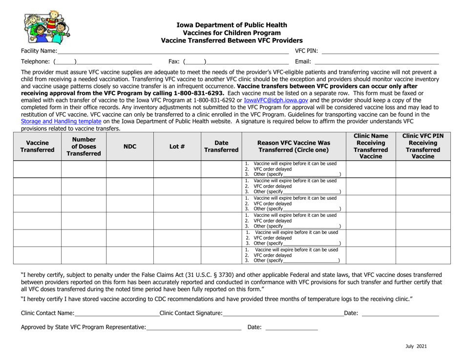 Iowa Vaccine Transferred Between Vfc Providers Fill Out Sign Online And Download Pdf