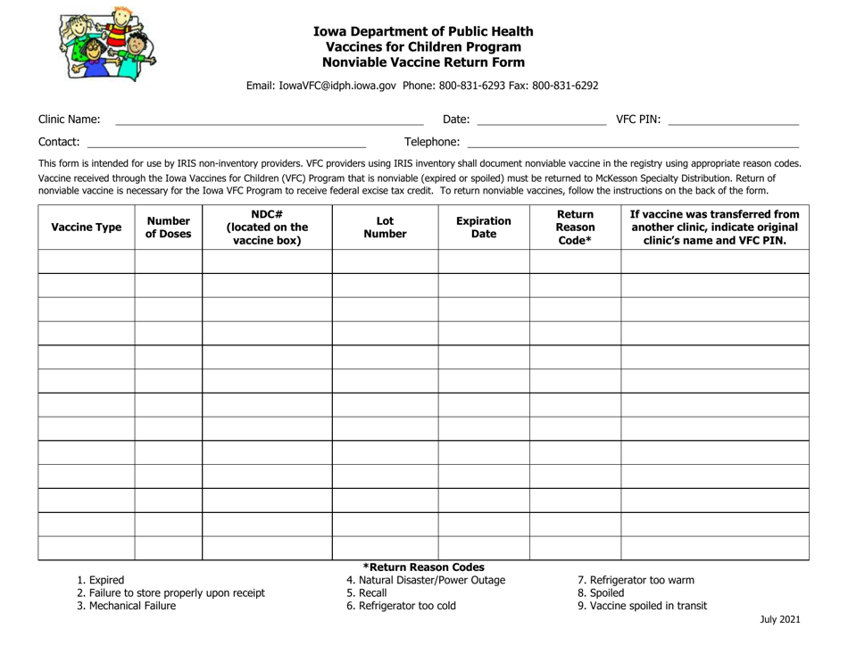 Nonviable Vaccine Return Form - Vaccines for Children Program - Iowa, Page 1