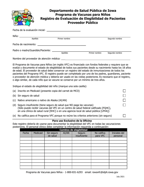 Registro De Evaluacion De Elegibilidad De Pacientes - Proveedor Publico - Programa De Vacunas Para Ninos - Iowa (Spanish) Download Pdf