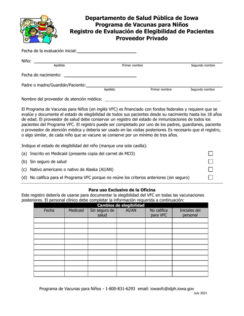 Registro De Evaluacion De Elegibilidad De Pacientes - Proveedor Privado - Programa De Vacunas Para Ninos - Iowa (Spanish)