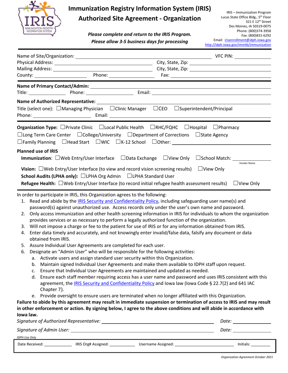 Authorized Site Agreement - Organization - Immunization Registry Information System (Iris) - Iowa, Page 1
