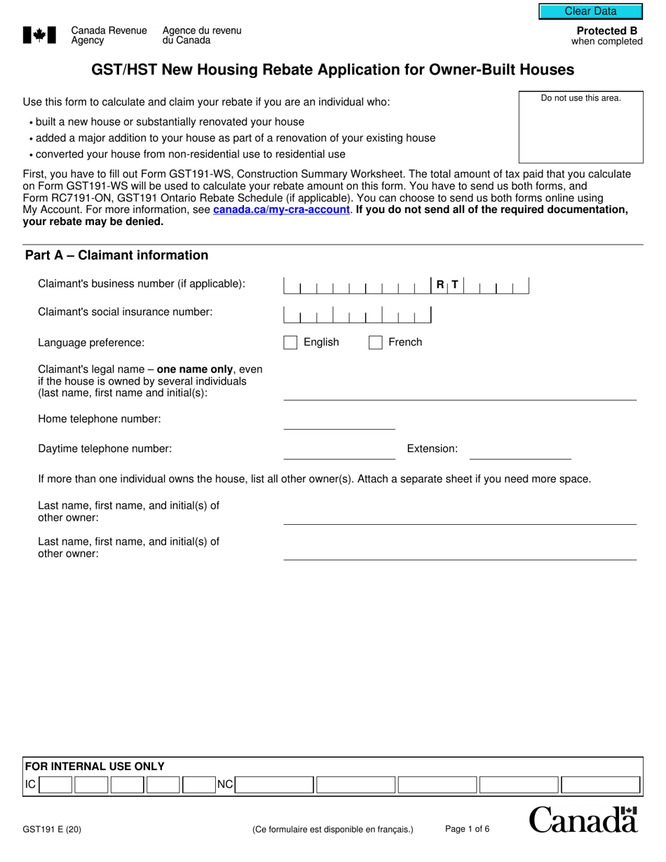 Form GST191 Gst / Hst New Housing Rebate Application for Owner-Built Houses - Canada, Page 1