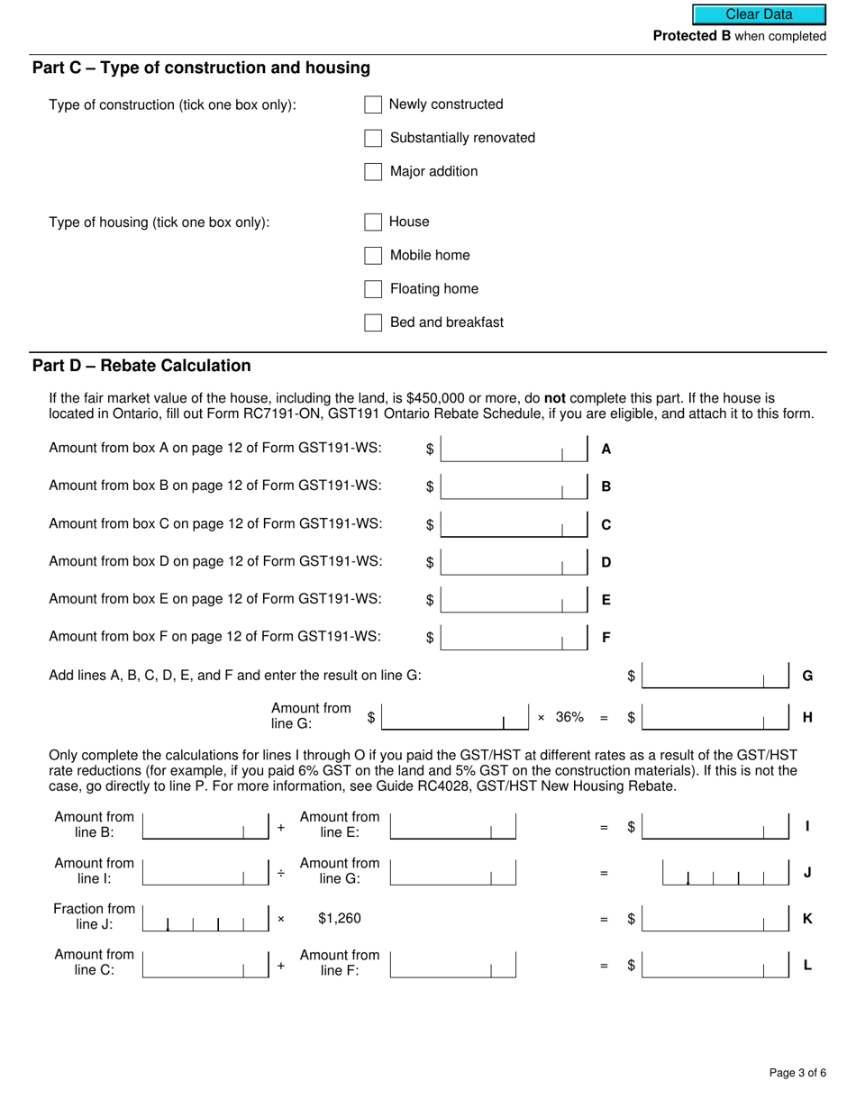 Form GST191 Gst / Hst New Housing Rebate Application for Owner-Built Houses - Canada, Page 3