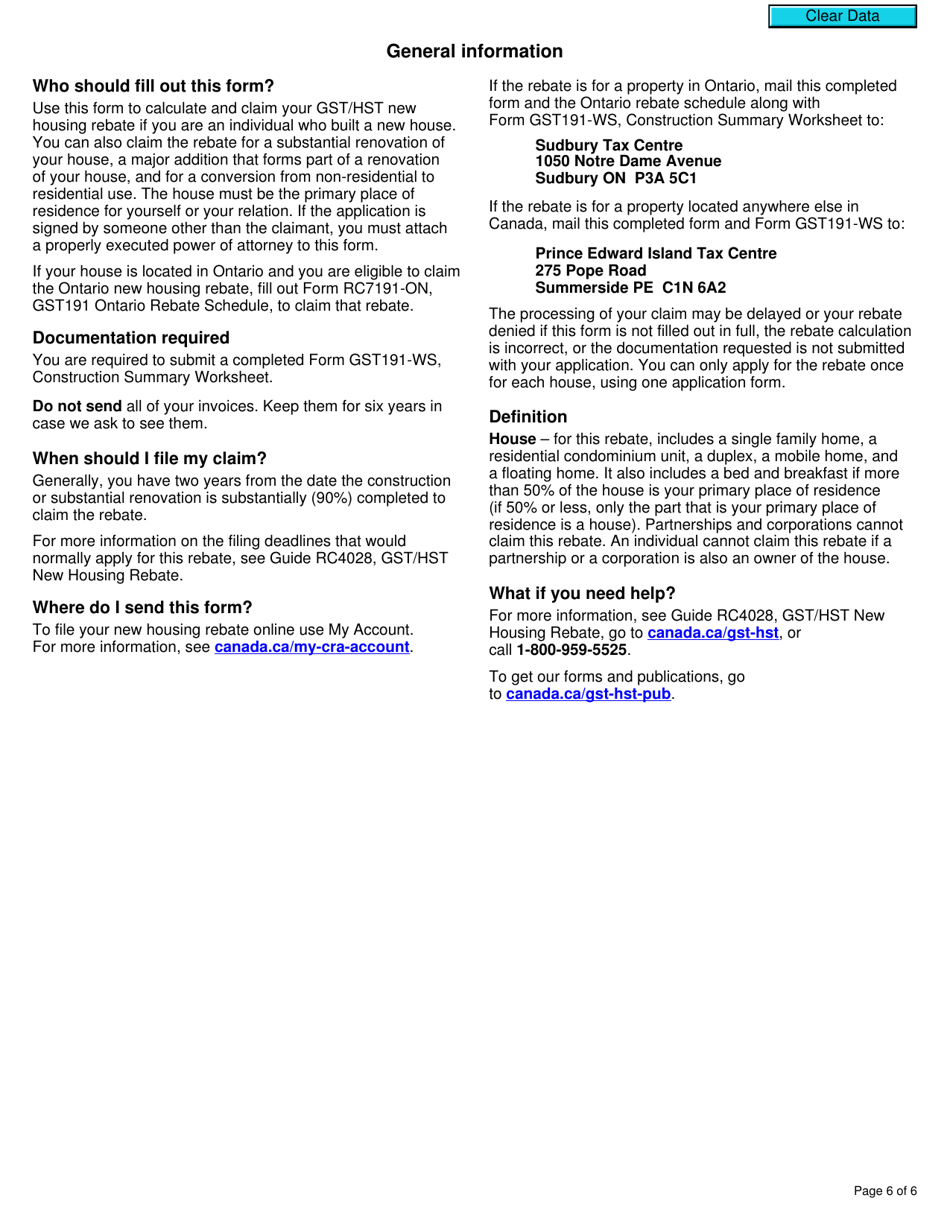 Form GST191 Gst / Hst New Housing Rebate Application for Owner-Built Houses - Canada, Page 6