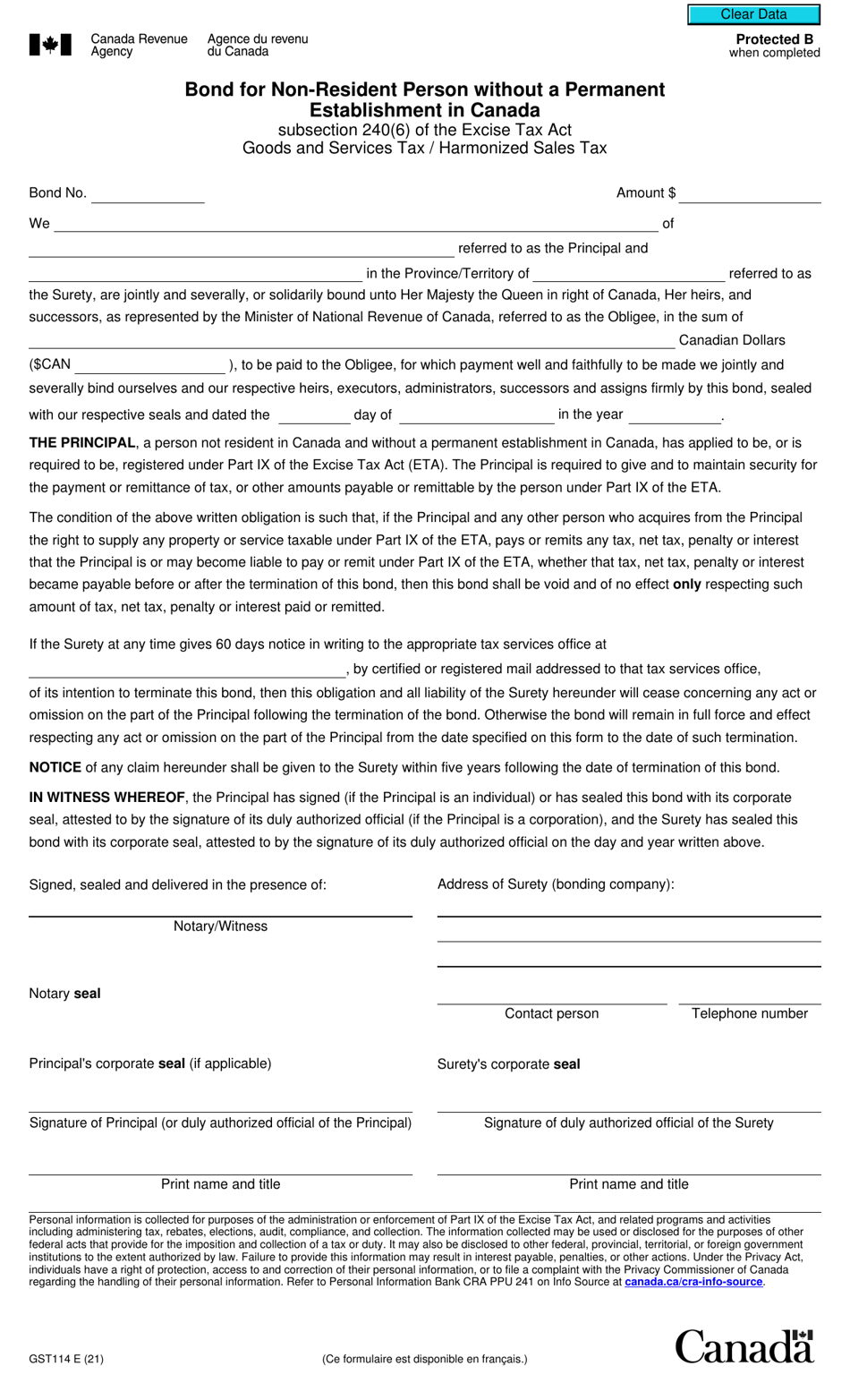 Form GST114 Download Fillable PDF or Fill Online Bond for Nonresident