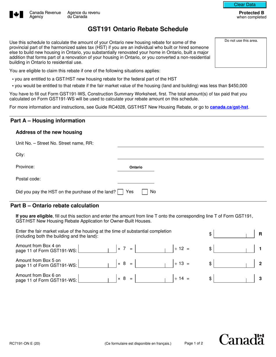 Form RC7191-ON Gst191 Ontario Rebate Schedule - Canada, Page 1