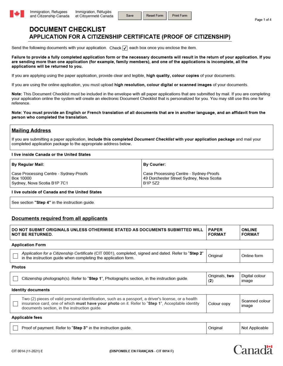 document checklist citizenship application form canada