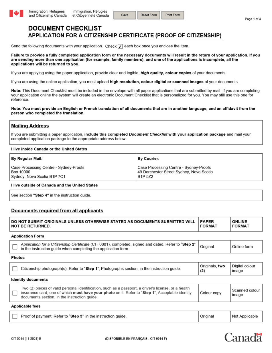 Form CIT0014 Document Checklist - Application for a Citizenship Certificate (Proof of Citizenship) - Canada, Page 1