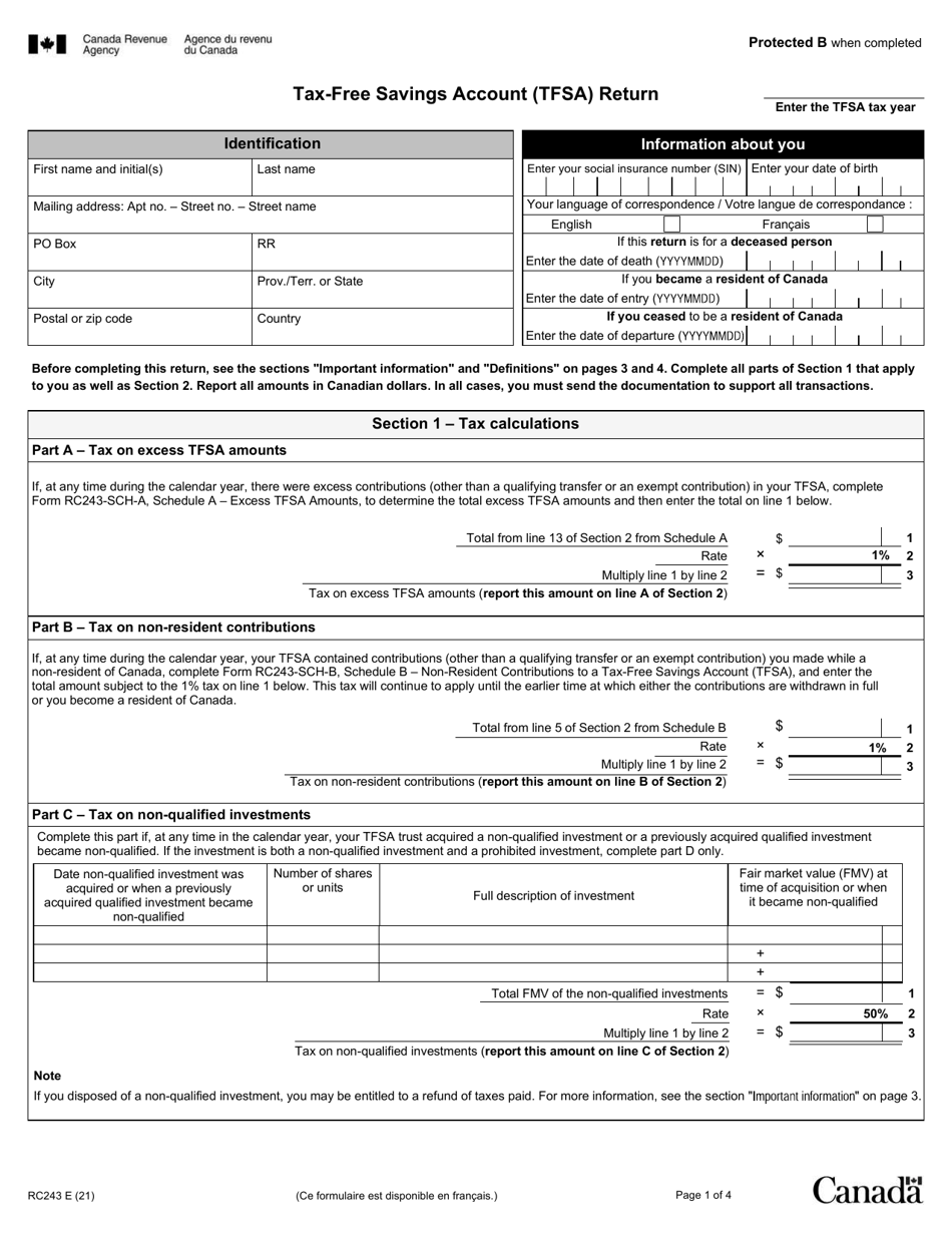 Form RC243 Tax-Free Savings Account (Tfsa) Return - Canada, Page 1