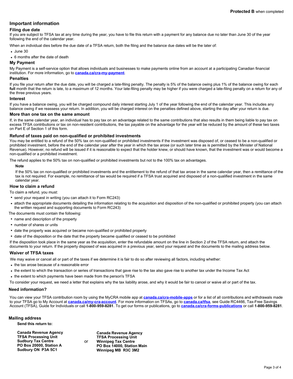 Form RC243 Tax-Free Savings Account (Tfsa) Return - Canada, Page 3