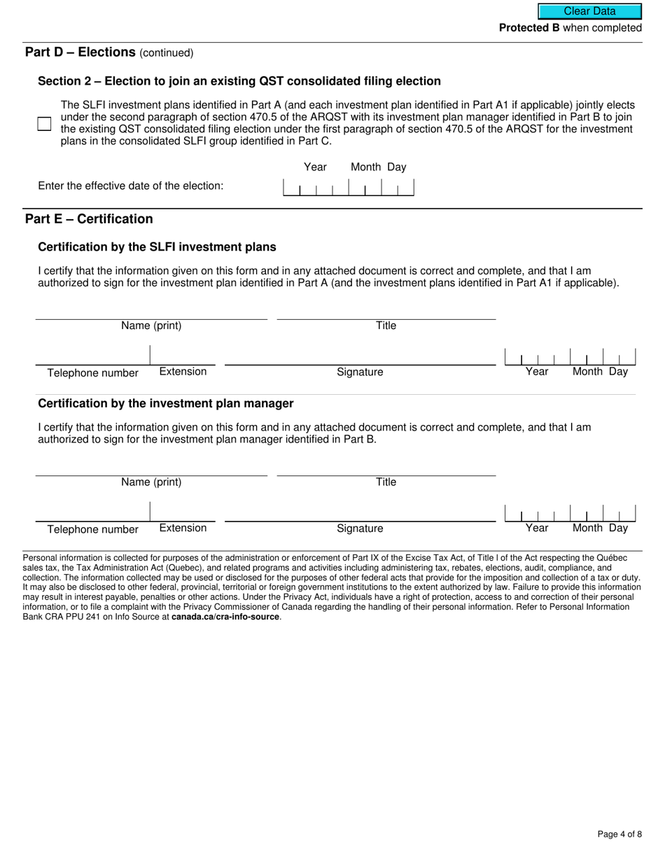 Form RC7204-1 Elections to Join a Consolidated Filing Election for a Selected Listed Financial Institution for Gst / Hst and Qst Purposes or Only for Qst Purposes - Canada, Page 4
