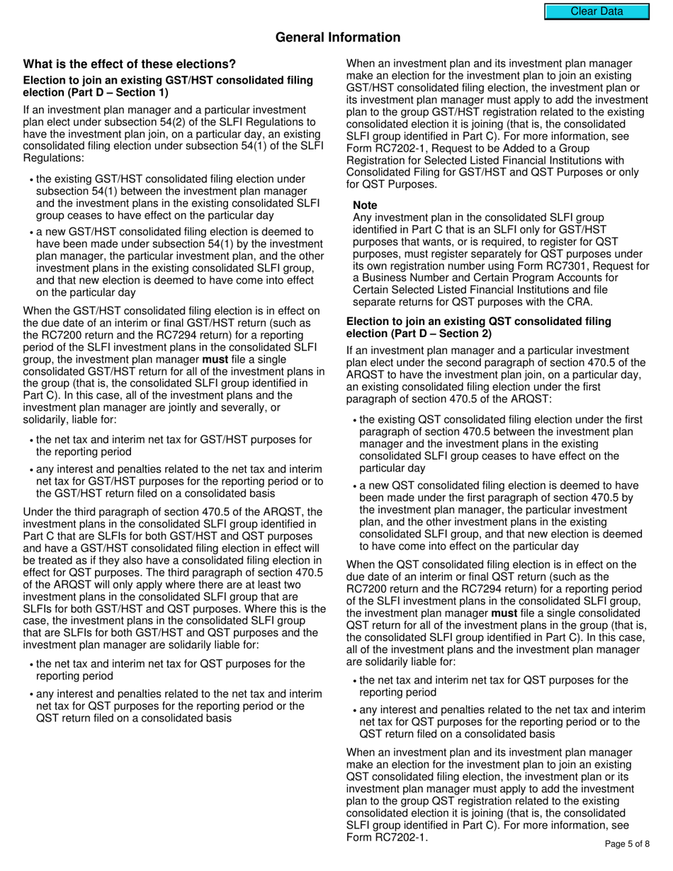 Form RC7204-1 Elections to Join a Consolidated Filing Election for a Selected Listed Financial Institution for Gst / Hst and Qst Purposes or Only for Qst Purposes - Canada, Page 5