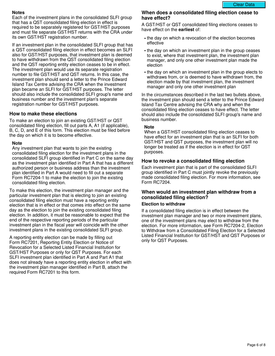 Form RC7204-1 Elections to Join a Consolidated Filing Election for a Selected Listed Financial Institution for Gst / Hst and Qst Purposes or Only for Qst Purposes - Canada, Page 6