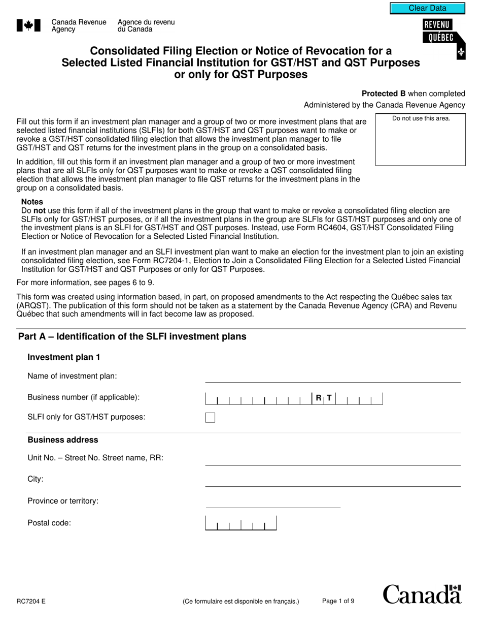 Form RC7204 Consolidated Filing Election or Notice of Revocation for a Selected Listed Financial Institution for Gst / Hst and Qst Purposes or Only for Qst Purposes - Canada, Page 1