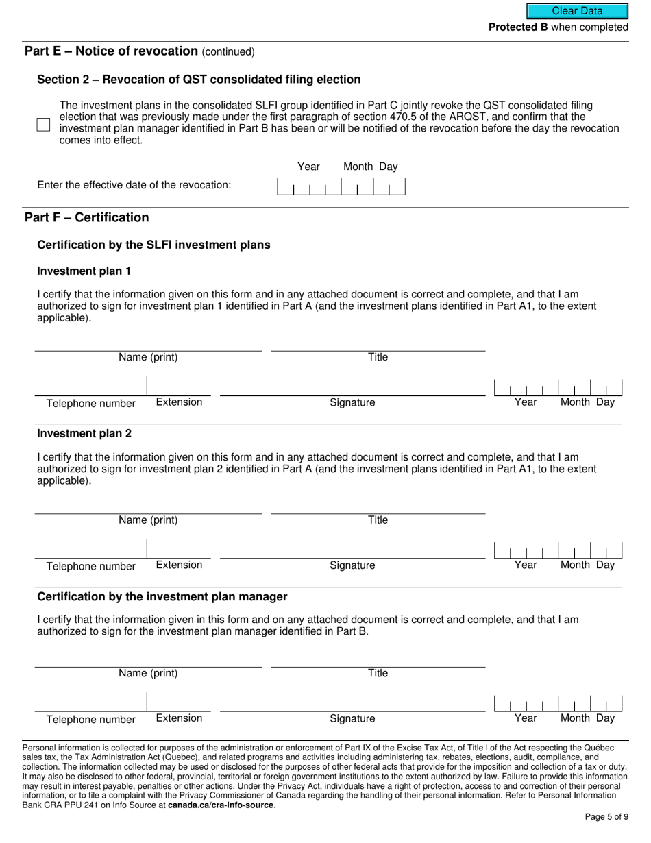Form RC7204 Consolidated Filing Election or Notice of Revocation for a Selected Listed Financial Institution for Gst / Hst and Qst Purposes or Only for Qst Purposes - Canada, Page 5
