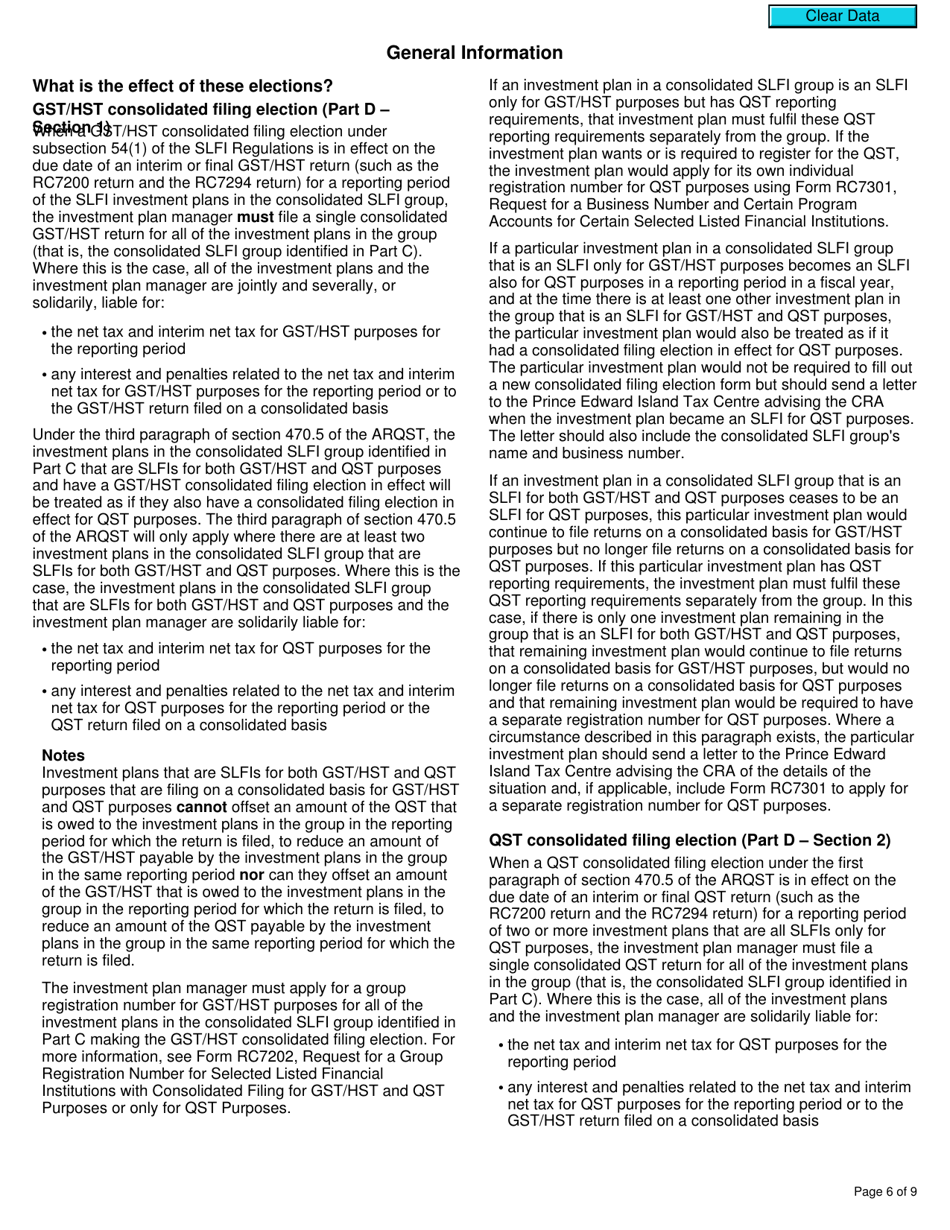 Form RC7204 Consolidated Filing Election or Notice of Revocation for a Selected Listed Financial Institution for Gst / Hst and Qst Purposes or Only for Qst Purposes - Canada, Page 6