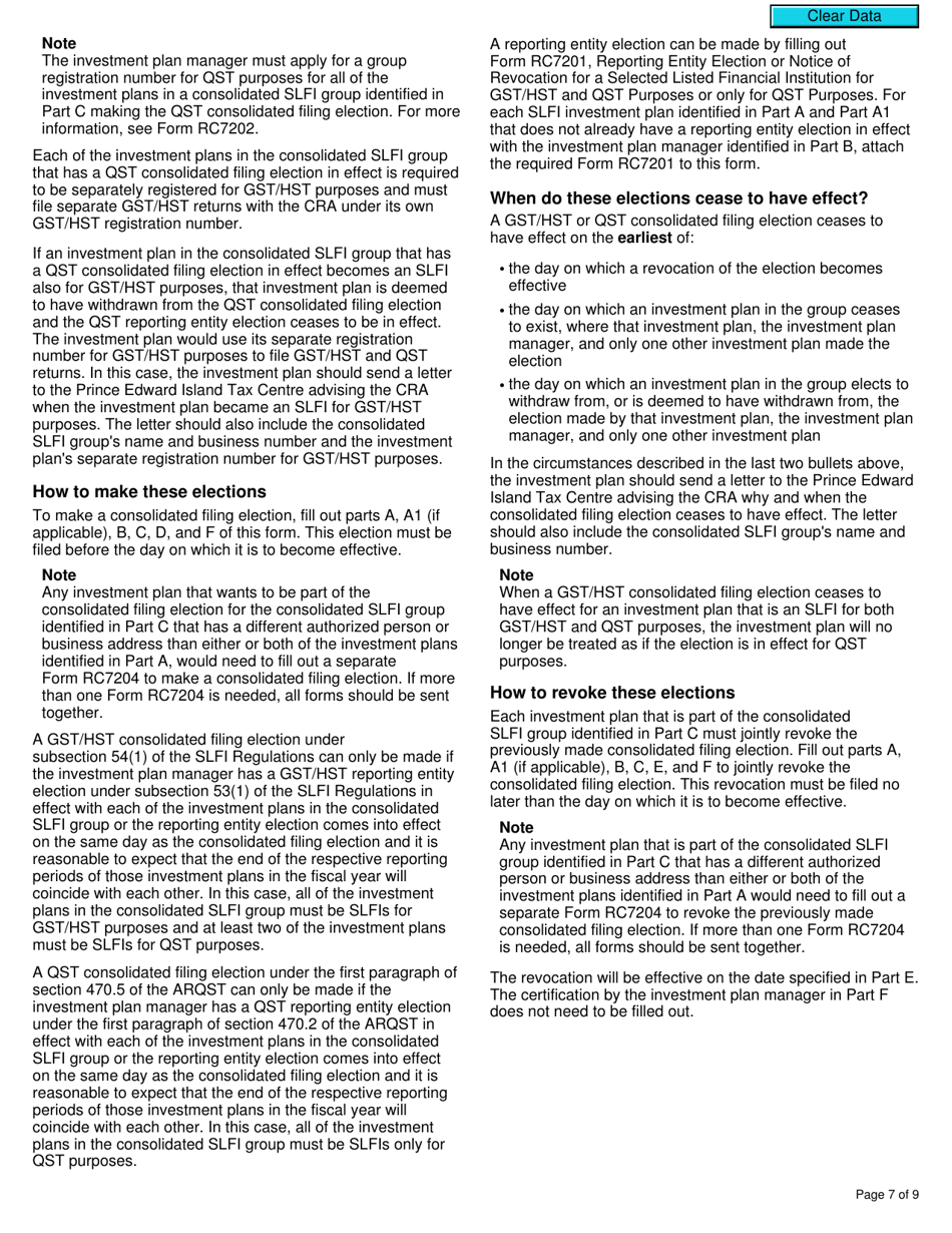 Form RC7204 Consolidated Filing Election or Notice of Revocation for a Selected Listed Financial Institution for Gst / Hst and Qst Purposes or Only for Qst Purposes - Canada, Page 7