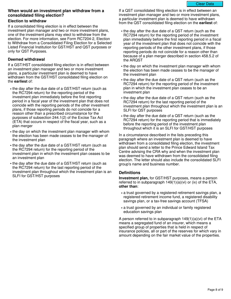 Form RC7204 Consolidated Filing Election or Notice of Revocation for a Selected Listed Financial Institution for Gst / Hst and Qst Purposes or Only for Qst Purposes - Canada, Page 8
