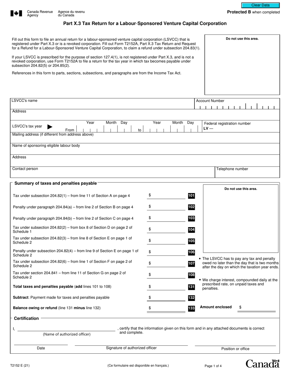 Form T2152 Part X.3 Download Fillable PDF or Fill Online Tax Return for