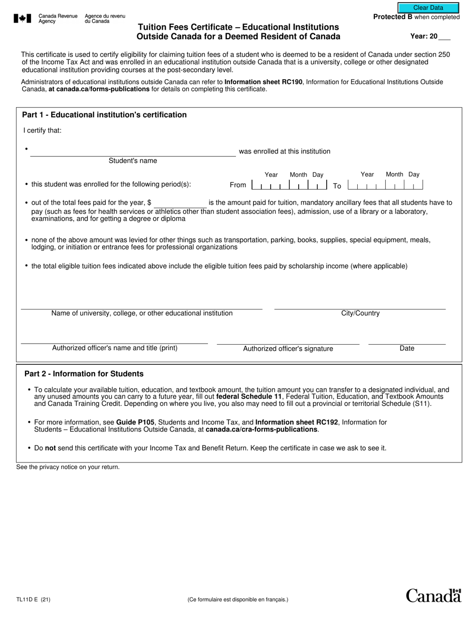 Form TL11D Tuition Fees Certificate - Educational Institutions Outside Canada for a Deemed Resident of Canada - Canada, Page 1