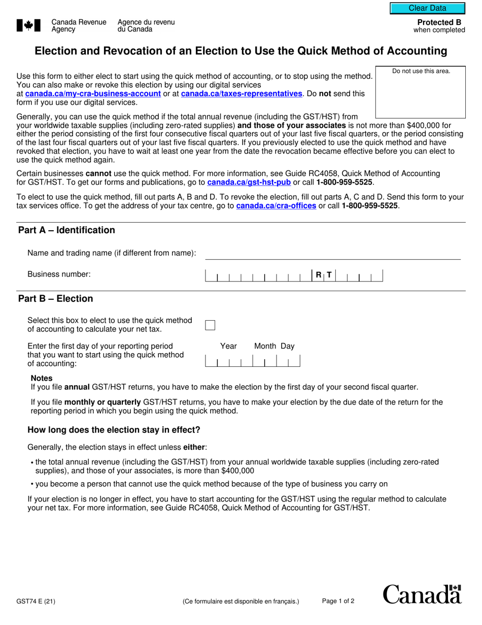 Form GST74 Election and Revocation of an Election to Use the Quick Method of Accounting - Canada, Page 1