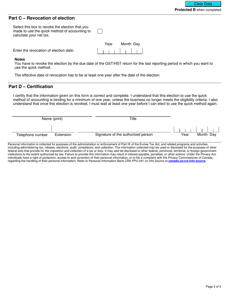 Form GST74 Election and Revocation of an Election to Use the Quick Method of Accounting - Canada, Page 2