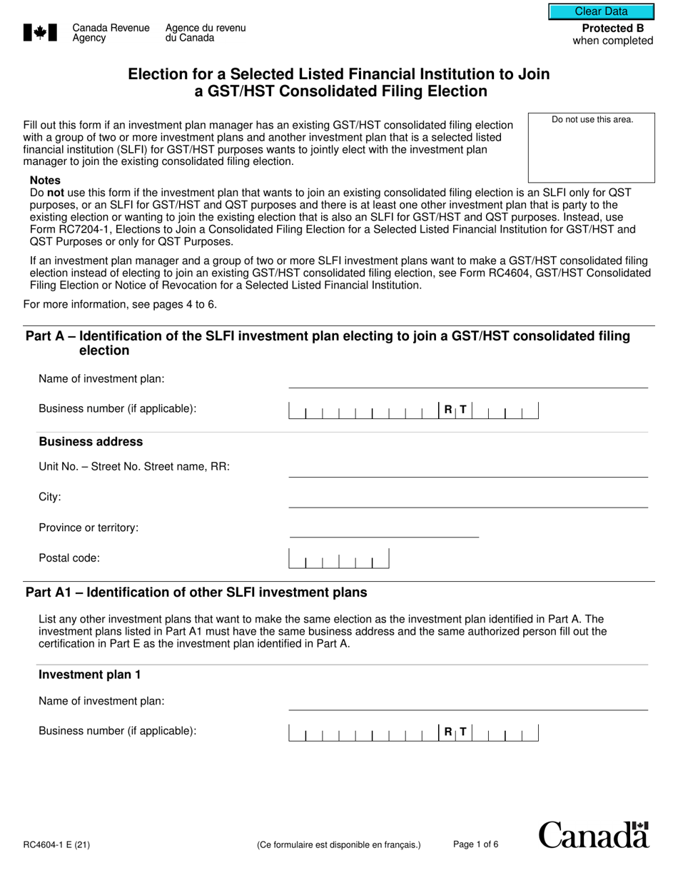 Form RC4604-1 Election for a Selected Listed Financial Institution to Join a Gst / Hst Consolidated Filing Election - Canada, Page 1