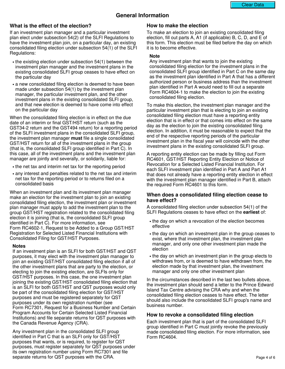 Form RC4604-1 Election for a Selected Listed Financial Institution to Join a Gst / Hst Consolidated Filing Election - Canada, Page 4