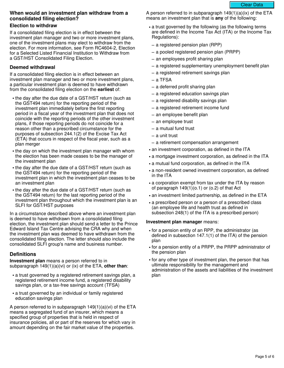 Form RC4604-1 Election for a Selected Listed Financial Institution to Join a Gst / Hst Consolidated Filing Election - Canada, Page 5
