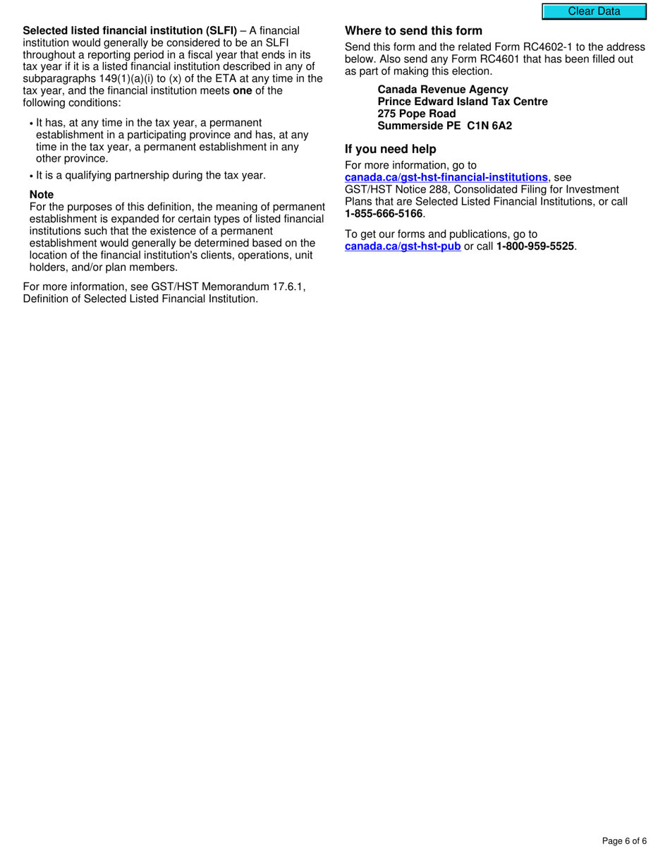 Form RC4604-1 Election for a Selected Listed Financial Institution to Join a Gst / Hst Consolidated Filing Election - Canada, Page 6