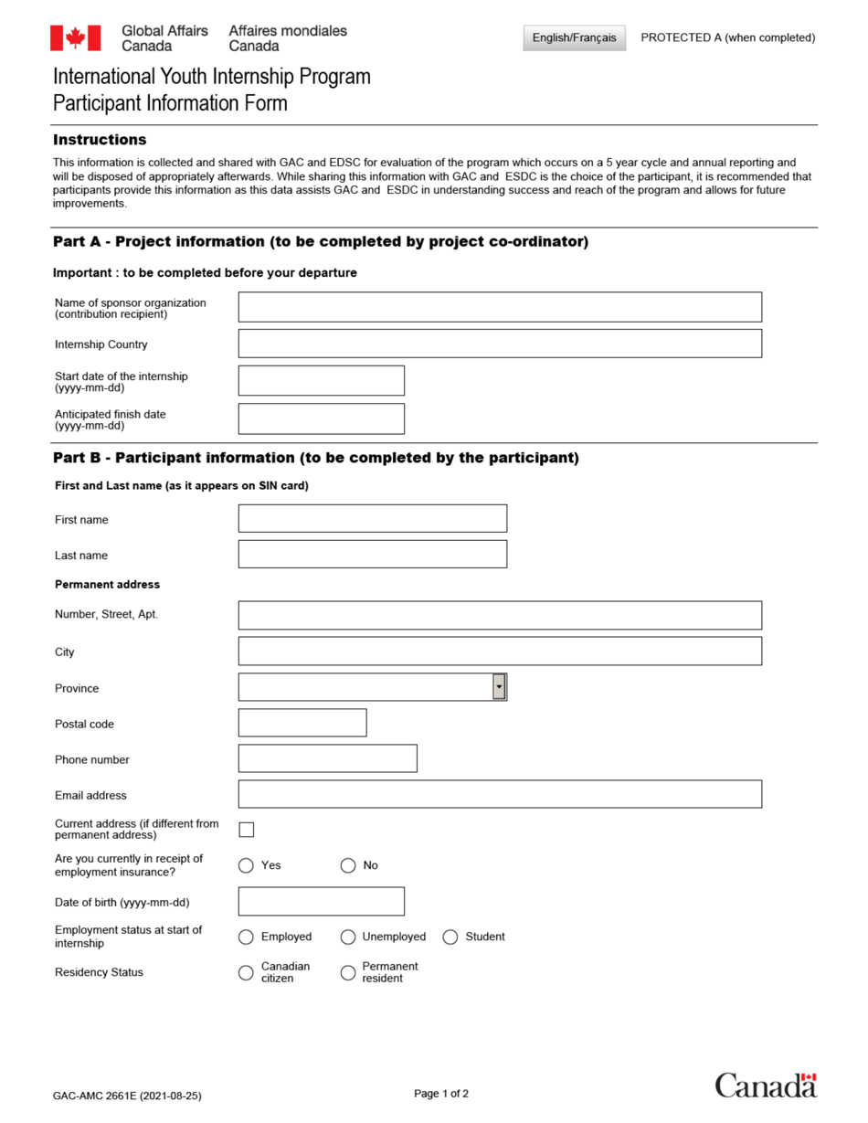 Form AMC-GAC2661 Participant Information Form - International Youth Internship Program - Canada (English / French), Page 1