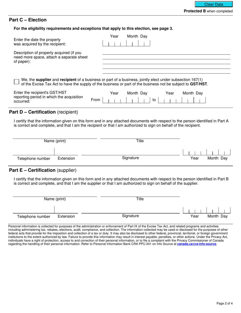 Form GST44 Gst / Hst Election Concerning the Acquisition of a Business or Part of a Business - Canada, Page 2