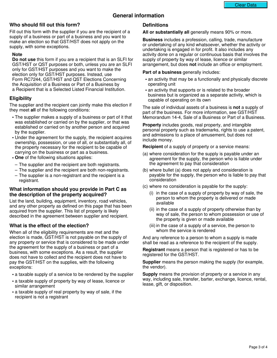 Form GST44 Gst / Hst Election Concerning the Acquisition of a Business or Part of a Business - Canada, Page 3