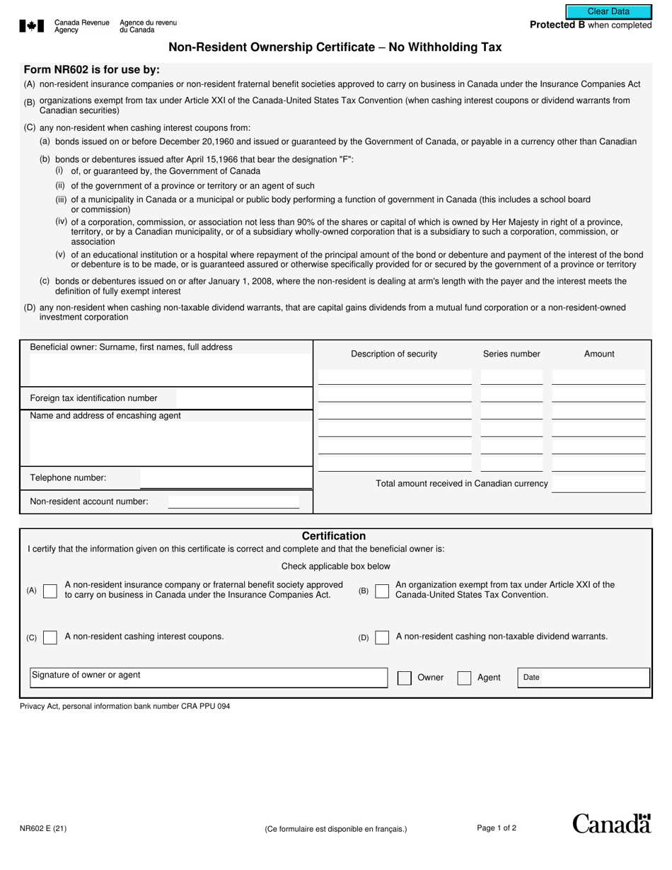 Form NR602 Non-resident Ownership Certificate - No Withholding Tax - Canada, Page 1