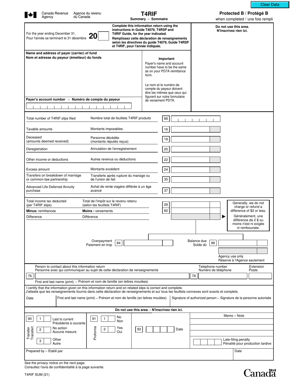 Form T4rif Sum Fill Out Sign Online And Download Fillable Pdf Canada Englishfrench 9606