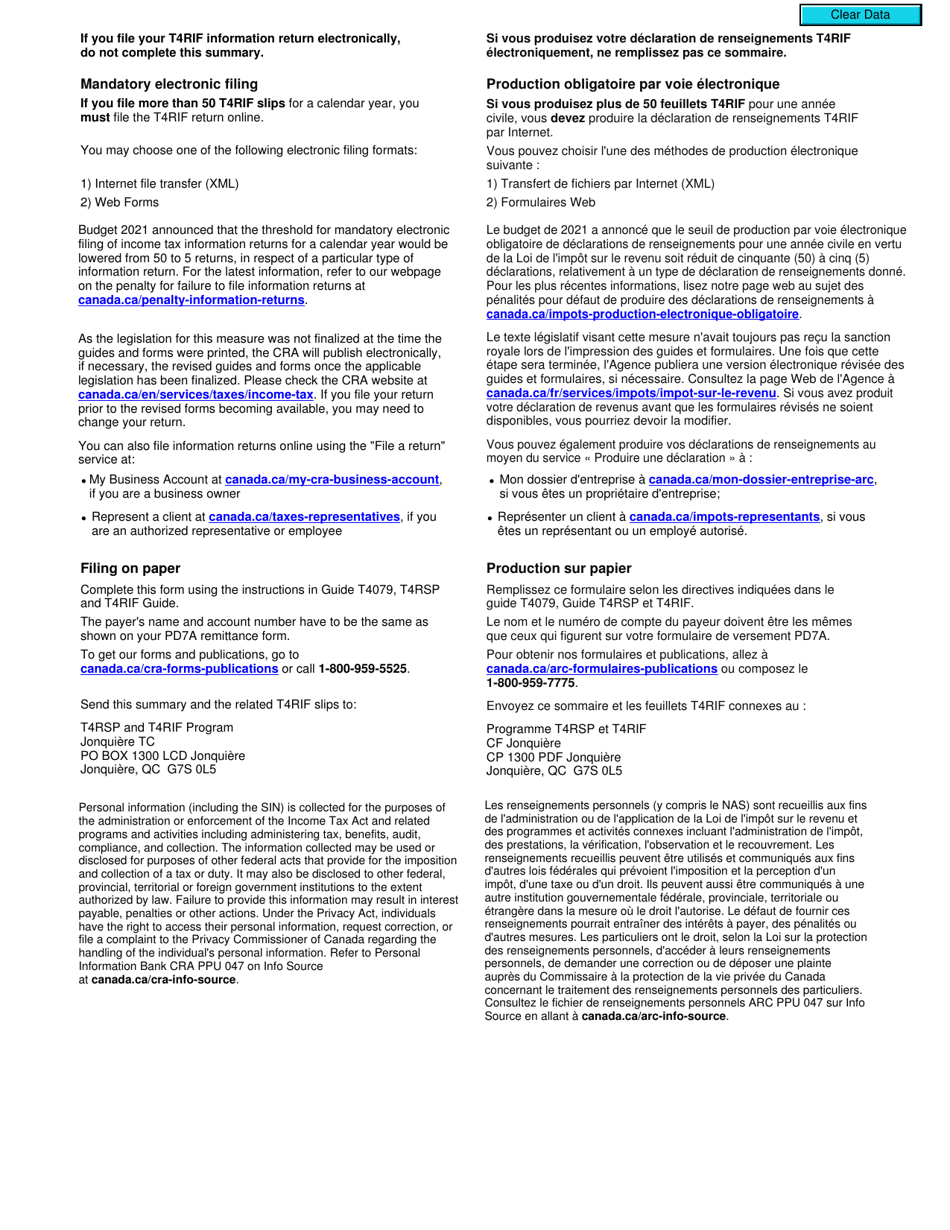Form T4RIF SUM Summary - Canada (English / French), Page 2