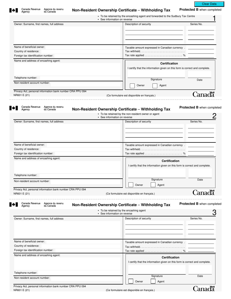 Form NR601 Non-resident Ownership Certificate - Withholding Tax - Canada, Page 1
